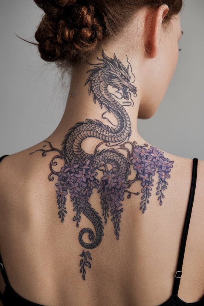 Dragon Tattoo with Wisteria Flowers