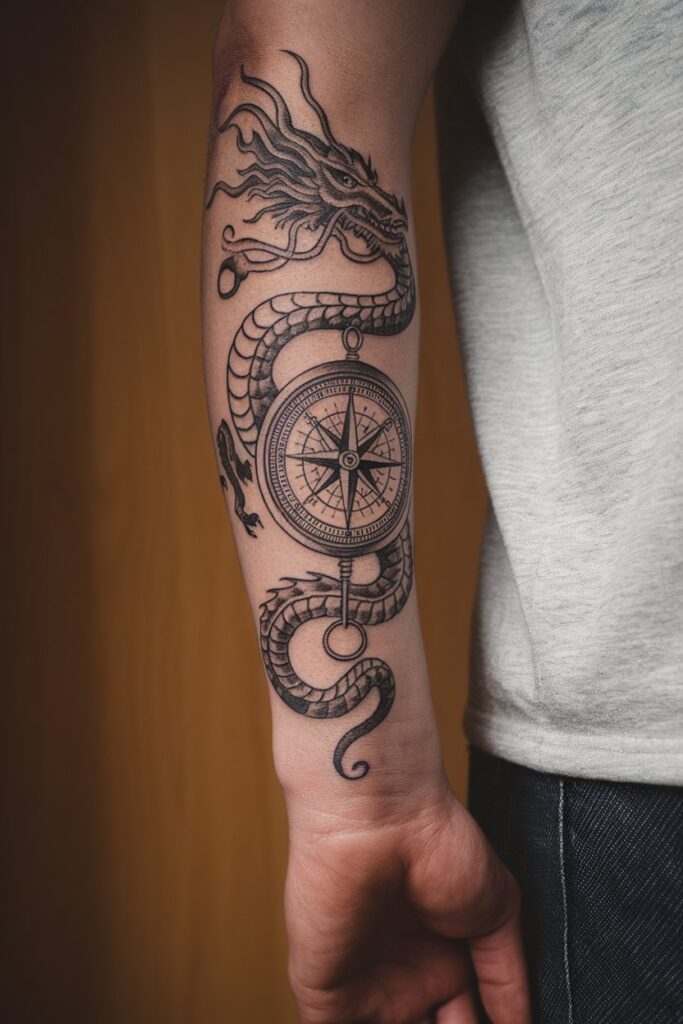 Dragon and Compass Tattoo Guiding with Strength