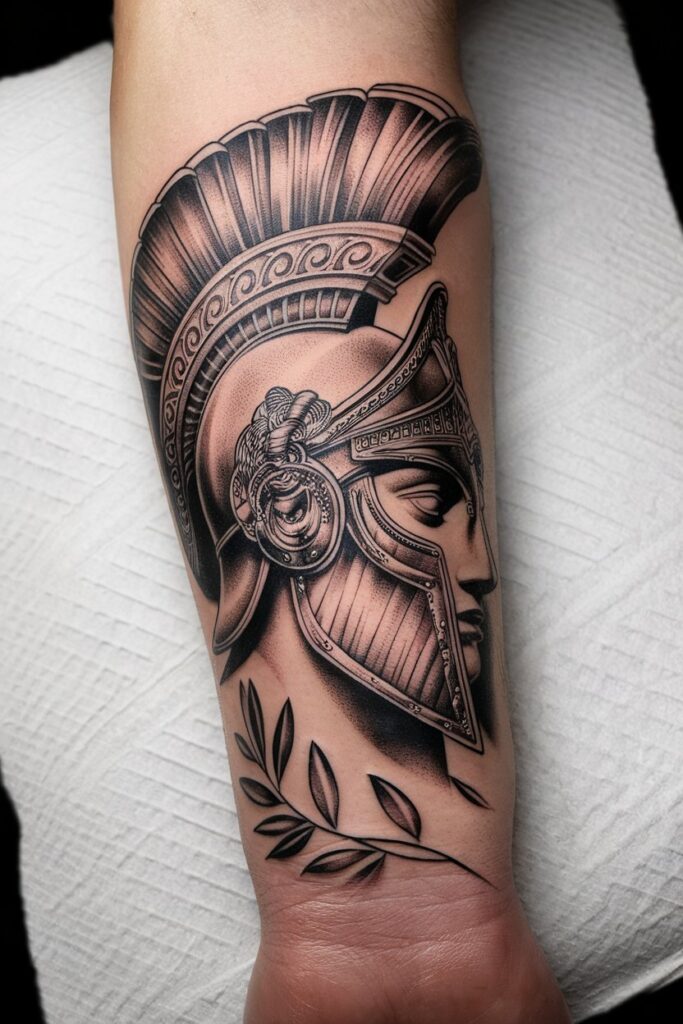 8. Detailed Warrior Helmet Tattoo with Olive Branch