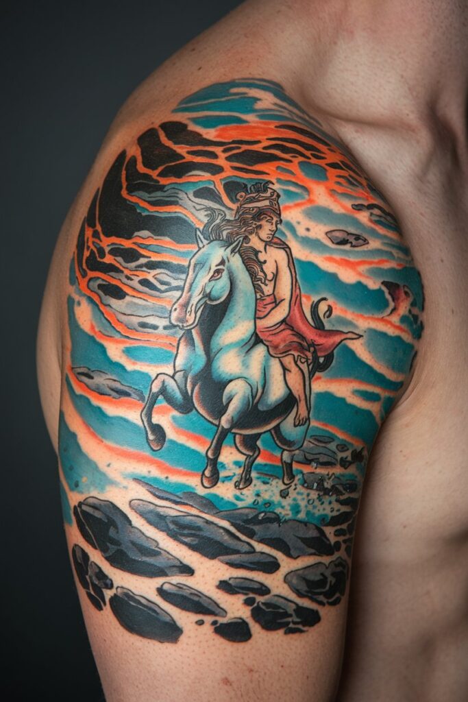 Dynamic Poseidon on Horseback Tattoo