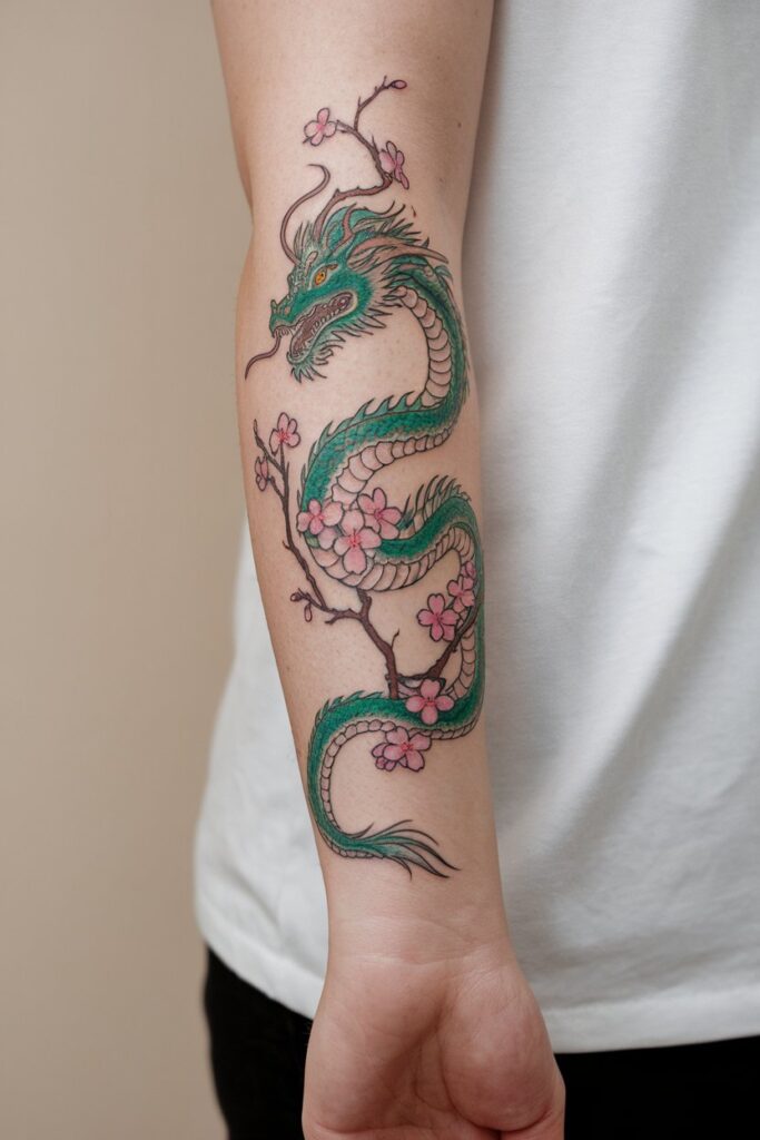 Green Dragon Tattoo with Cherry Blossoms