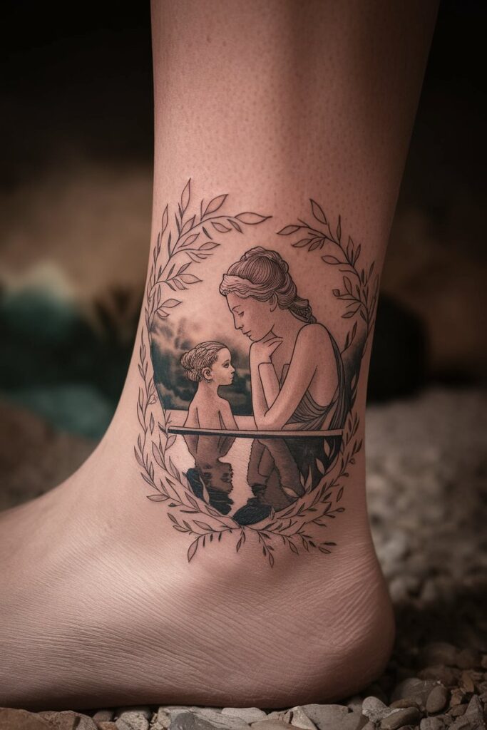 Intimate Mother and Child Reflection Tattoo