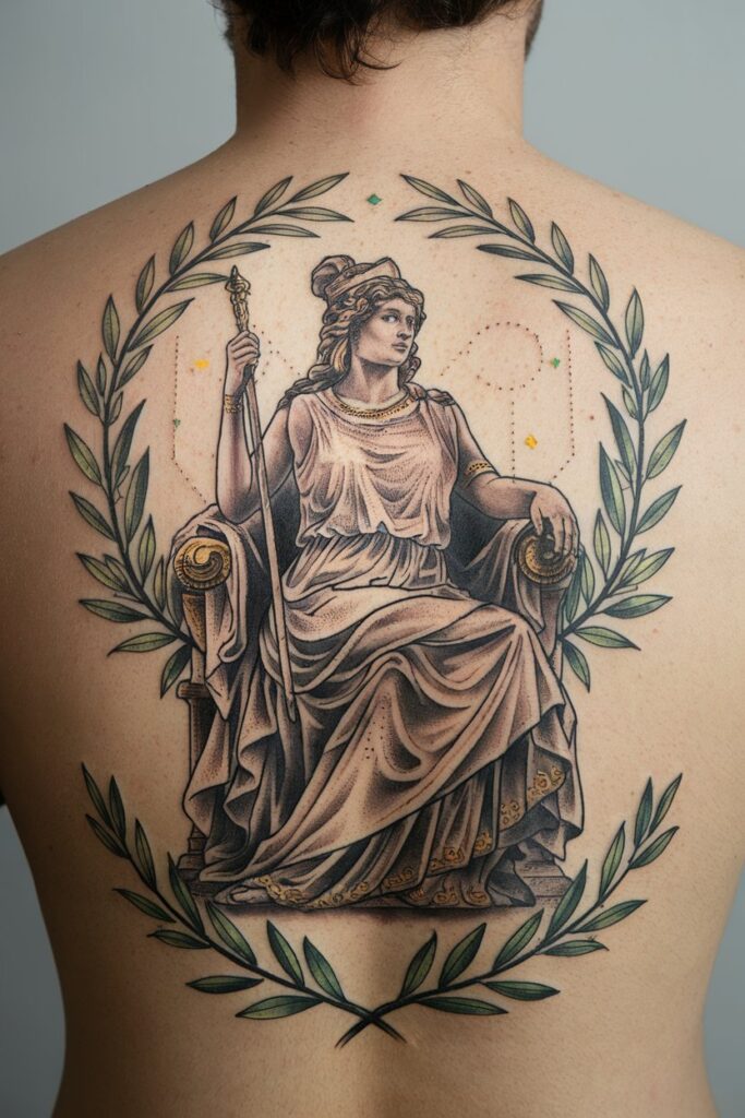 9. Seated Hera Tattoo with Laurel Wreath