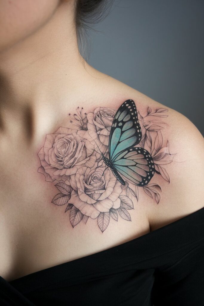 Beautiful Butterfly and Rose Tattoo Design