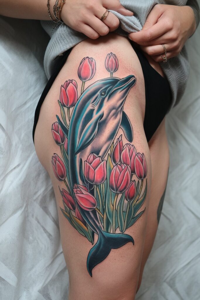 Elegant Dolphin Surrounded by Tulips