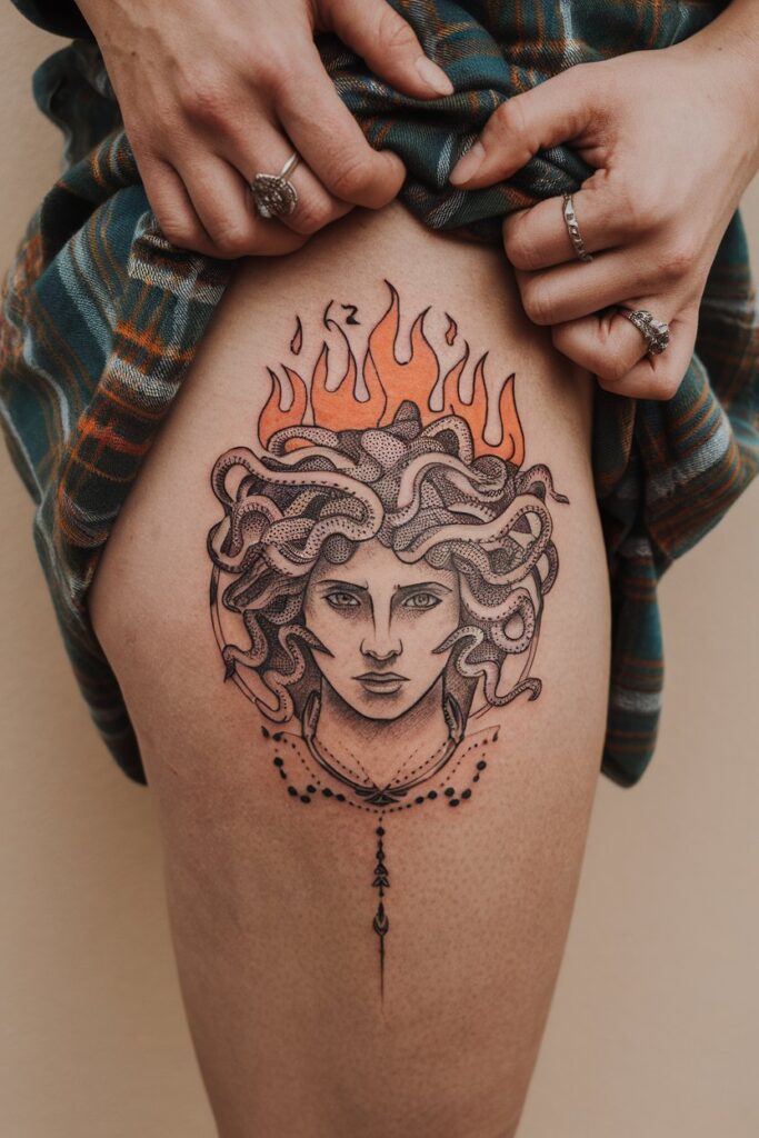 Fierce Medusa Tattoo with Fiery Details