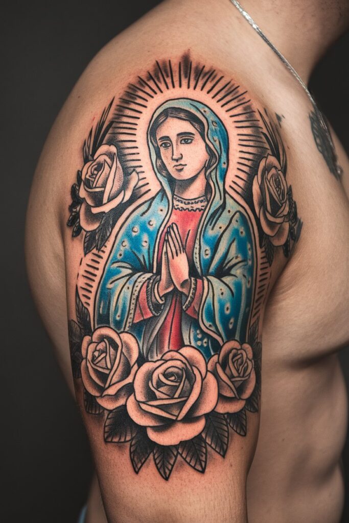 Iconic Virgin Mary Tattoo with Roses