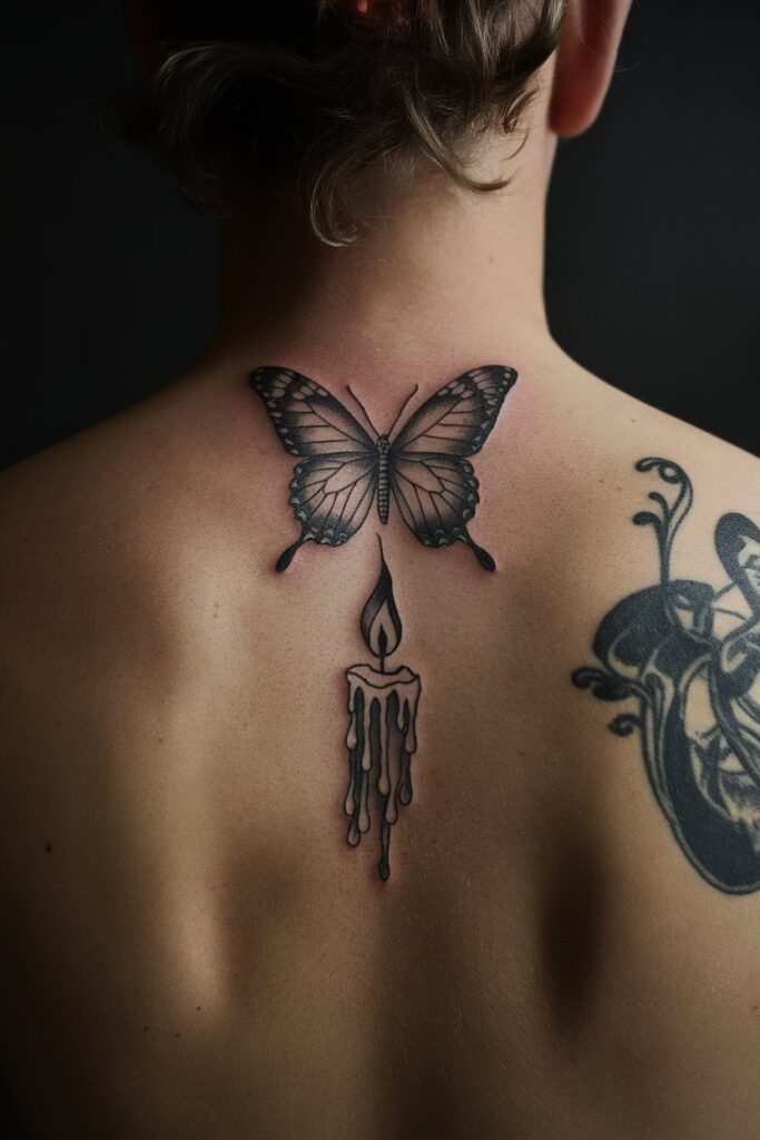 Striking Black Butterfly with Candle Tattoo