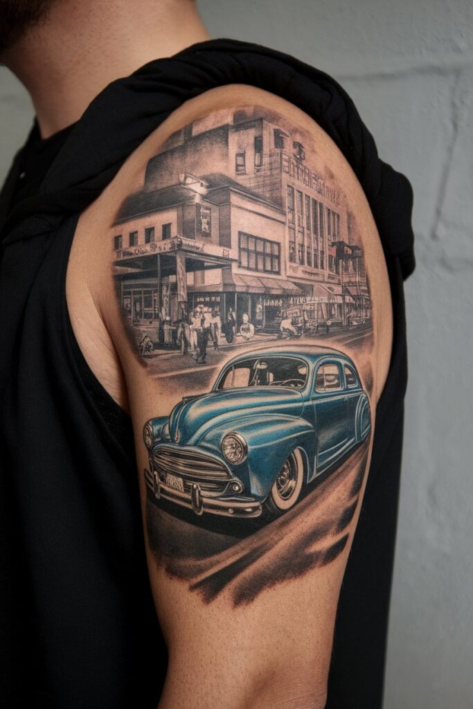 Classic Car and Cityscape Tattoo in Vintage Style