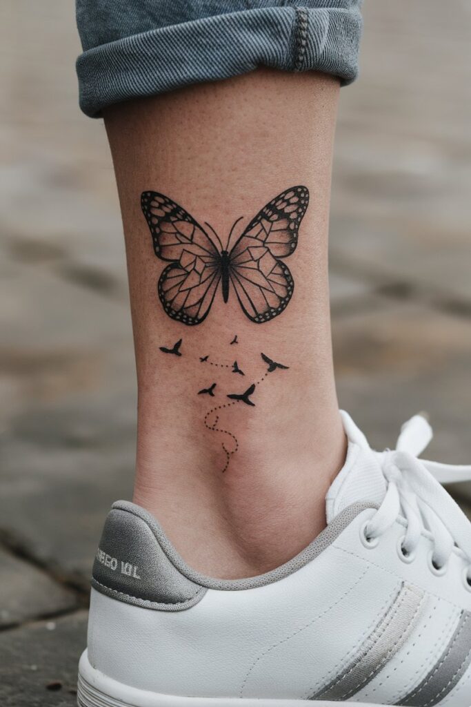 Delicate Butterfly and Birds Ankle Tattoo