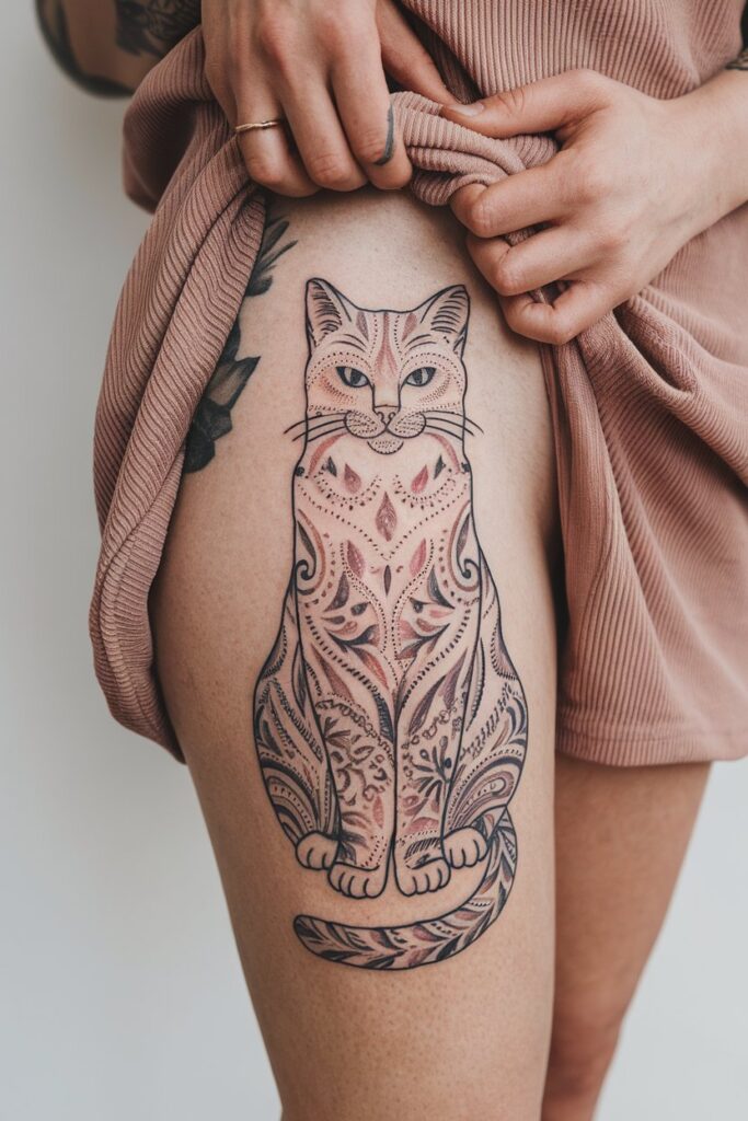 Intricate Cat Outline Tattoo with Ornamental Patterns