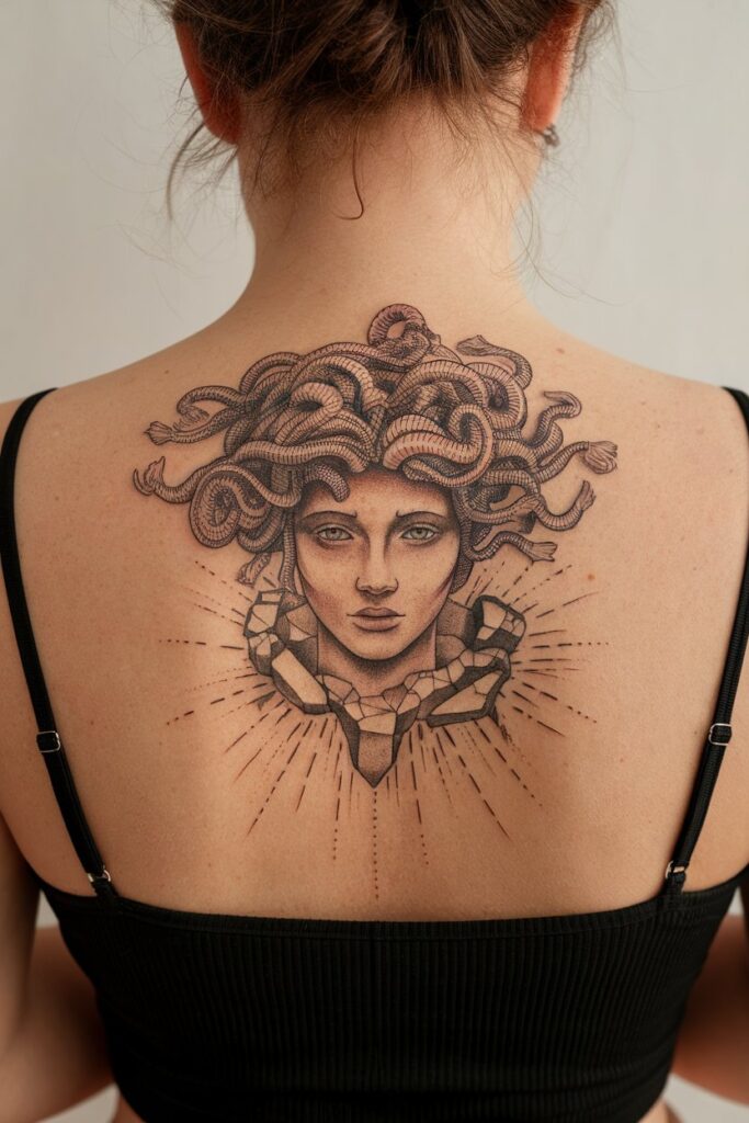 Medusa Back Tattoo with Shattered Stone Effect