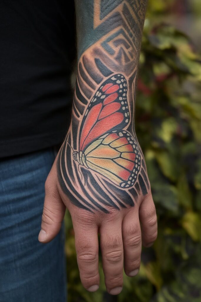 Vibrant Butterfly Hand Tattoo