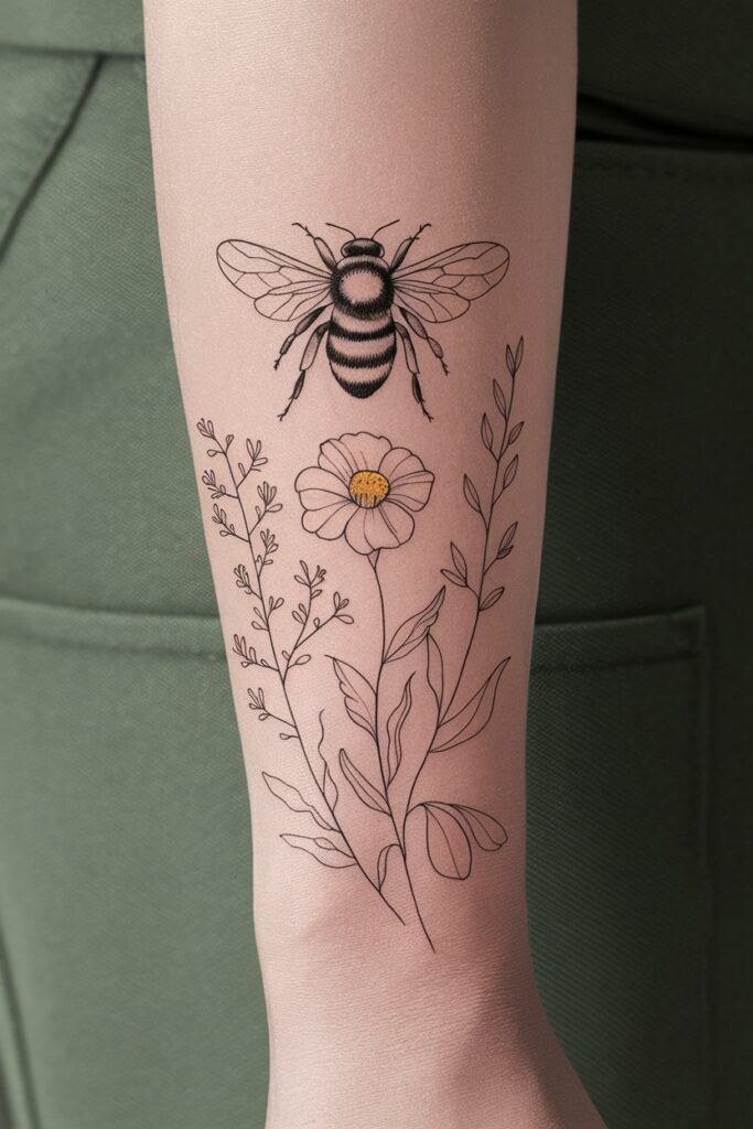 Botanical Bee Tattoo with Floral Accents