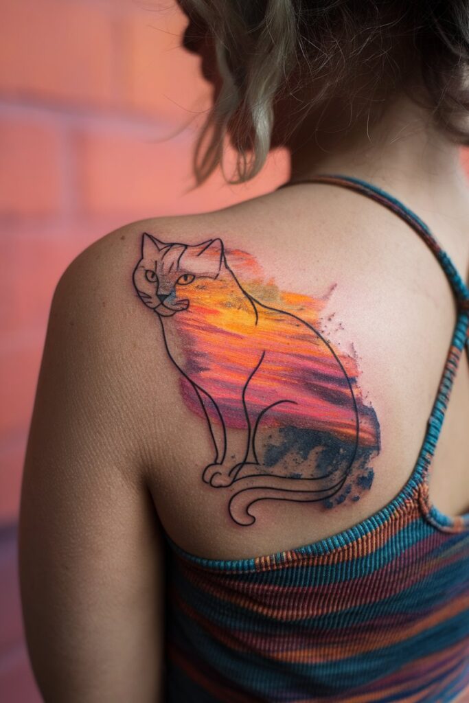 Cat Outline Tattoo with Vibrant Sunset Background