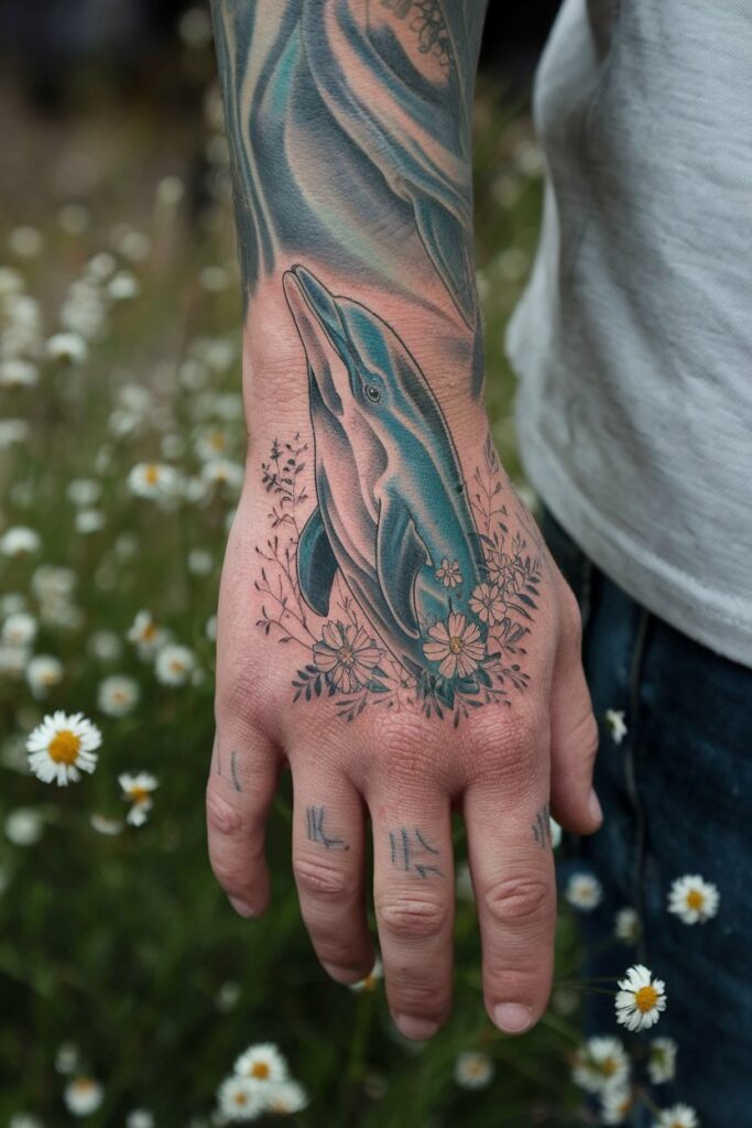 Dolphin with Wildflowers Hand Tattoo