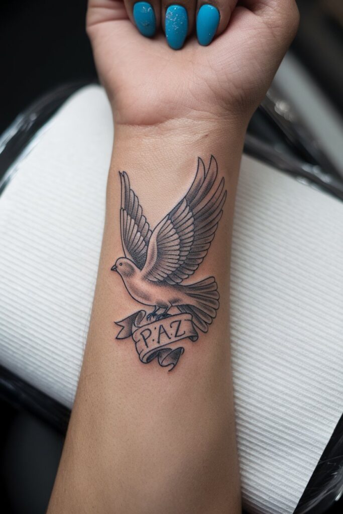 Dove of Peace Wrist Tattoo with Paz Banner