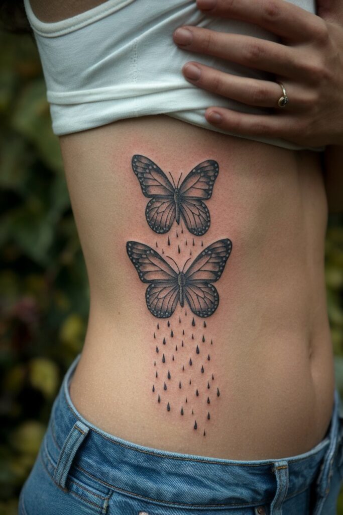 Twin Butterflies with Raindrops Rib Tattoo