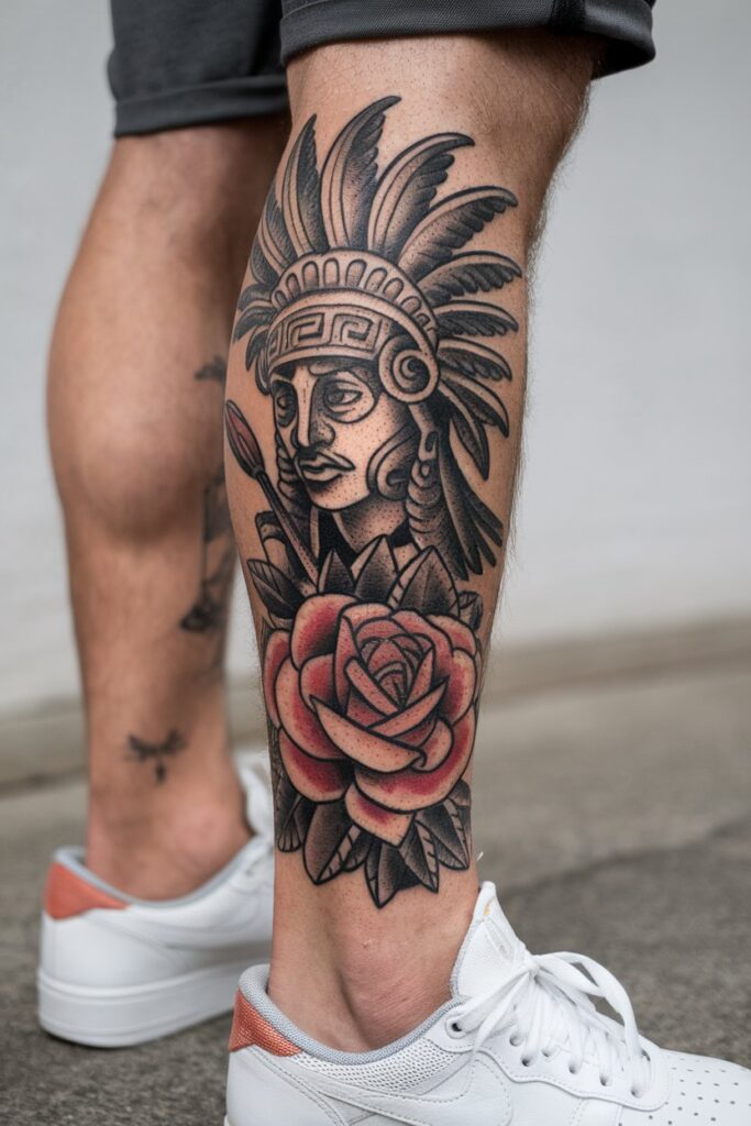 Aztec Warrior and Rose Tattoo with Bold Details