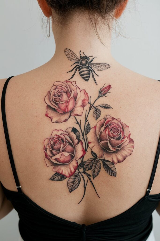 Bold Back Tattoo of Bee and Roses