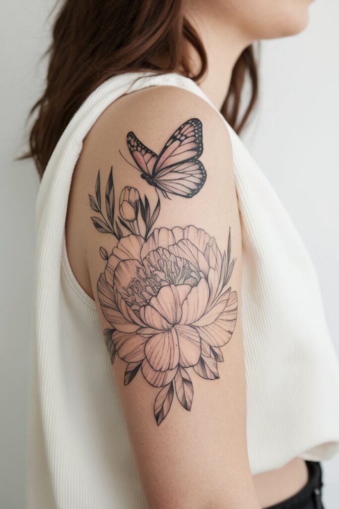 Butterfly and Peony Tattoo on the Upper Arm