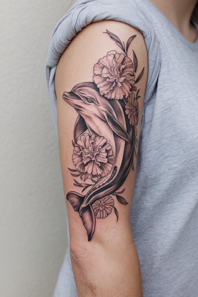 Dolphin with Carnations Arm Tattoo