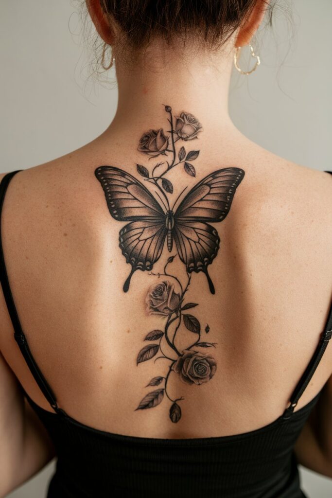 Elegant Butterfly with Roses Spine Tattoo