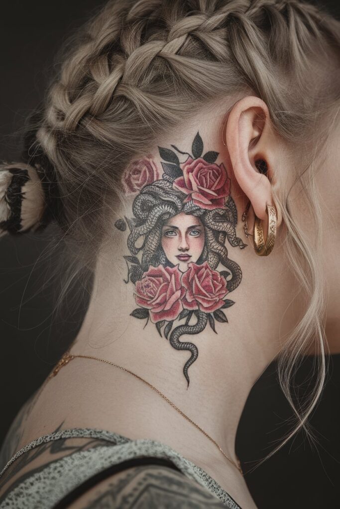 Medusa Neck Tattoo with Bold Rose Accents