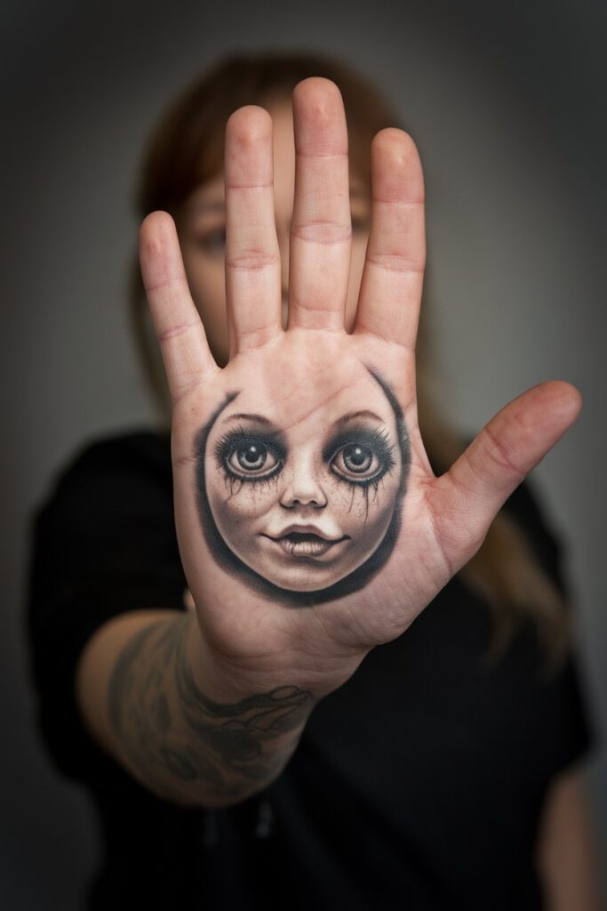 Creepy Doll Face Palm Tattoo