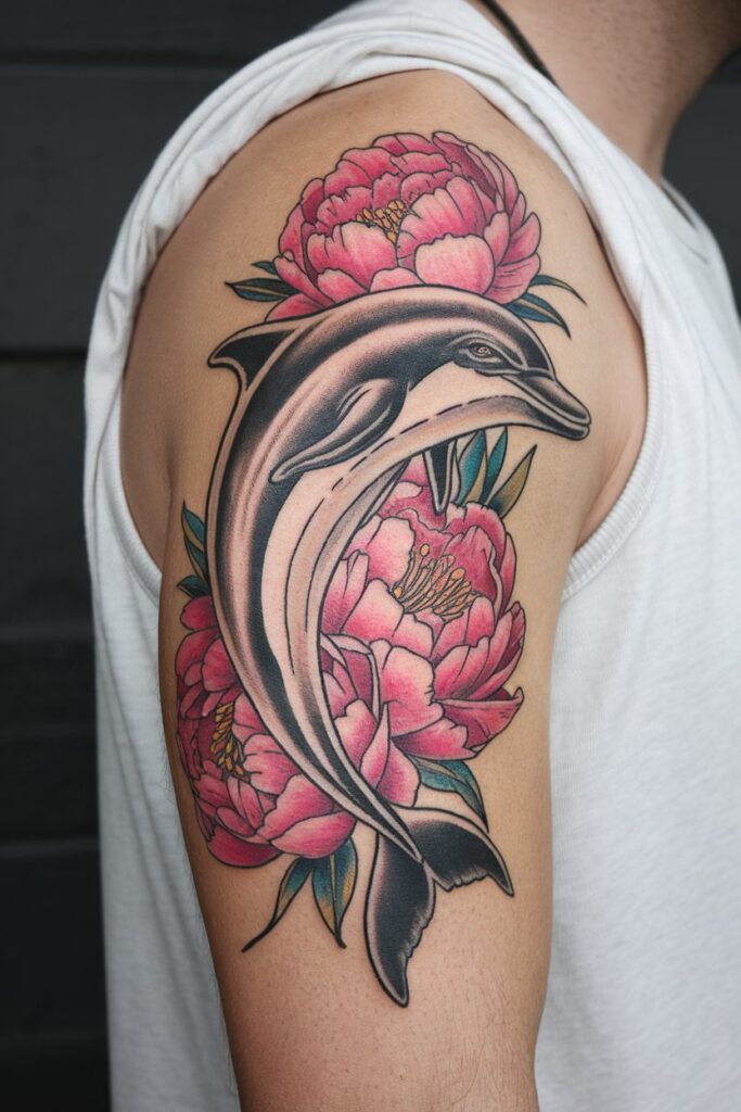 Dolphin with Peonies Upper Arm Tattoo