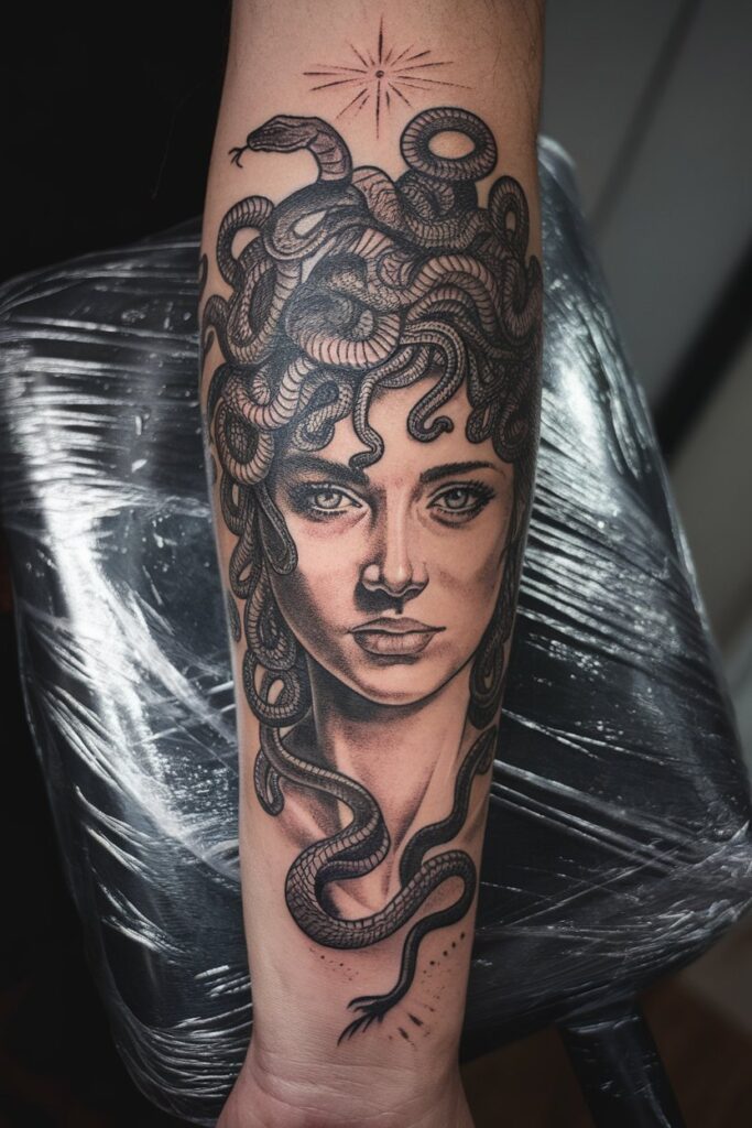 Fierce Medusa Forearm Tattoo with Serpent Details