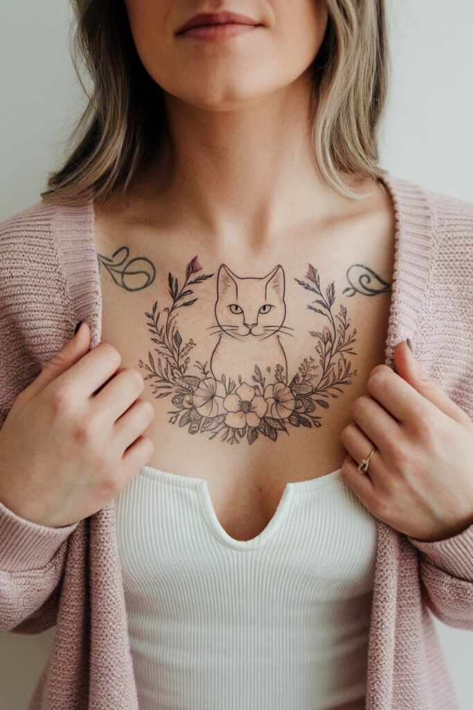 Floral Cat Outline Tattoo with Chest Placement 