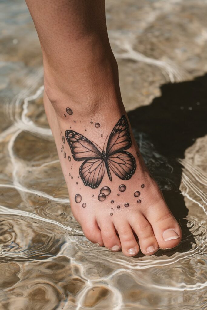 Graceful Butterfly and Water Droplets Foot Tattoo