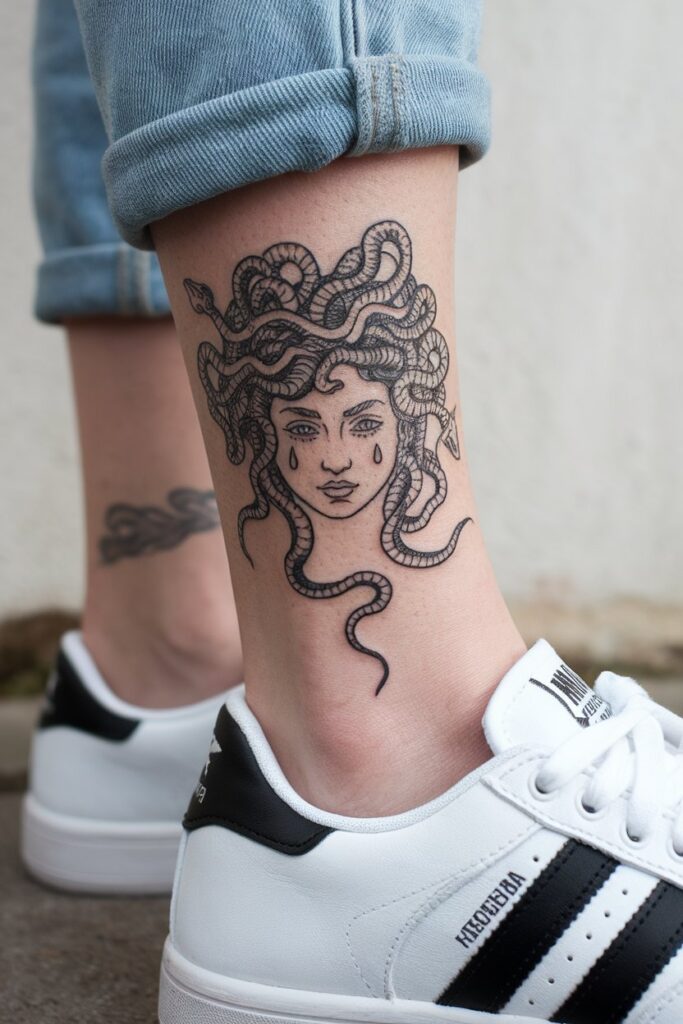 Medusa Ankle Tattoo with Tearful Expression