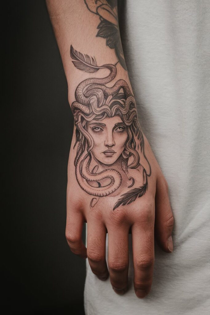 Medusa Hand Tattoo Graceful Power with a Feathered Touch