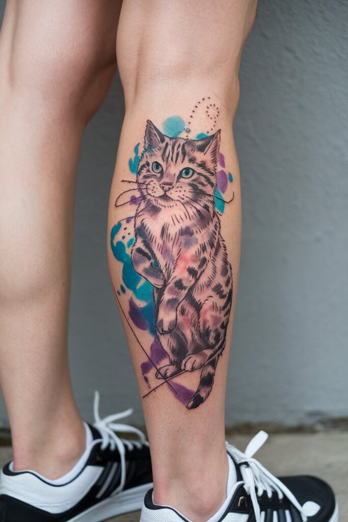 Playful Cat Tattoo with Watercolor Splashes