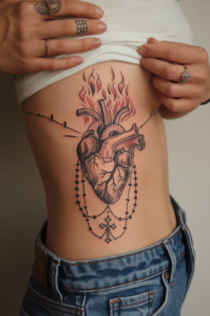 Sacred Heart Tattoo with Flames and Rosary