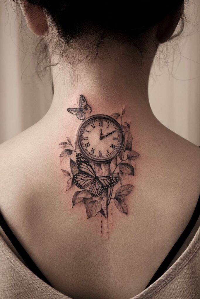 Timeless Butterfly and Clock Tattoo on the Upper Back