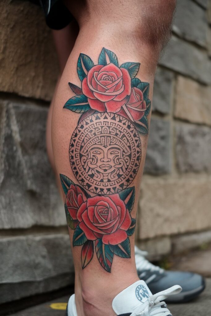 Aztec Sun Stone Tattoo Framed by Bold Red Roses