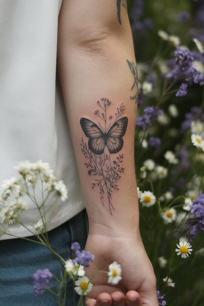 Delicate Butterfly and Wildflowers Forearm Tattoo