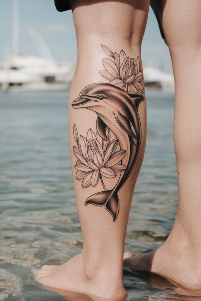 Dolphin with Lotus Flowers Leg Tattoo