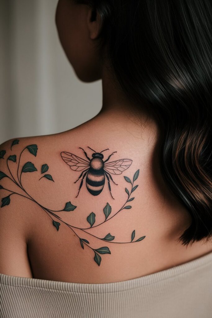 Elegant Bee and Vine Tattoo on Shoulder