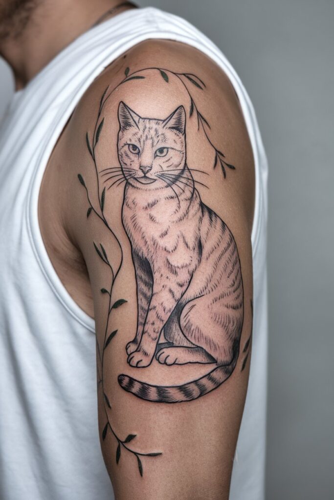 Elegant Cat Tattoo with Botanical Accents