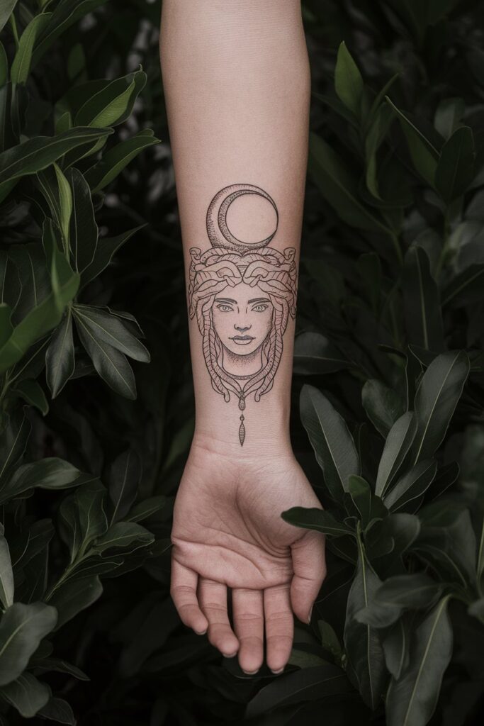 Medusa Forearm Tattoo with Crescent Moon