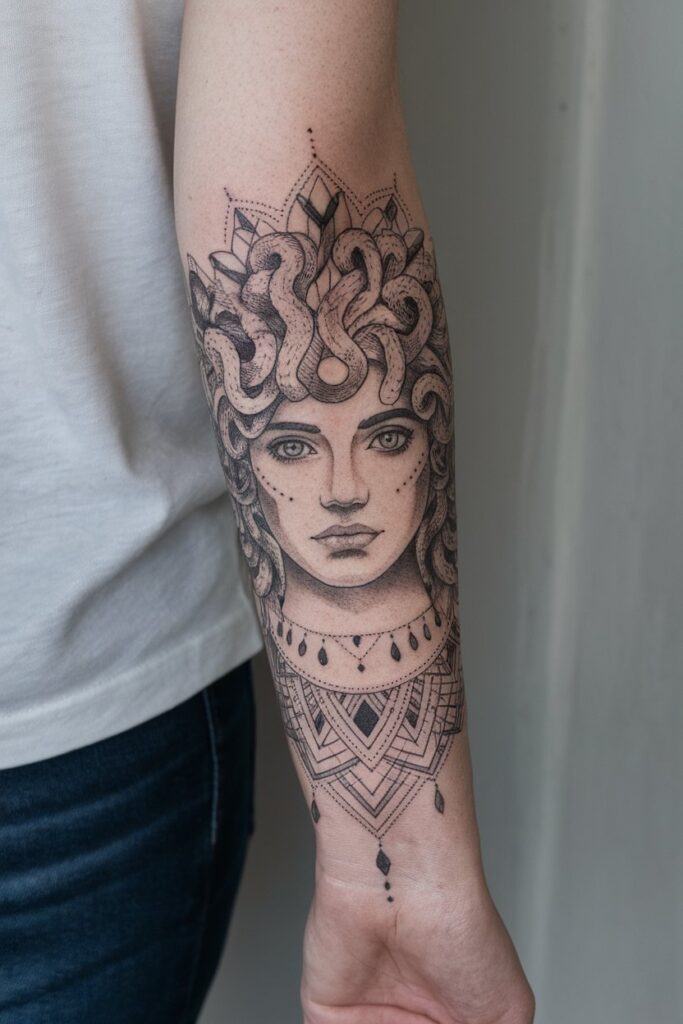 Ornate Medusa Forearm Tattoo with Geometric Accents