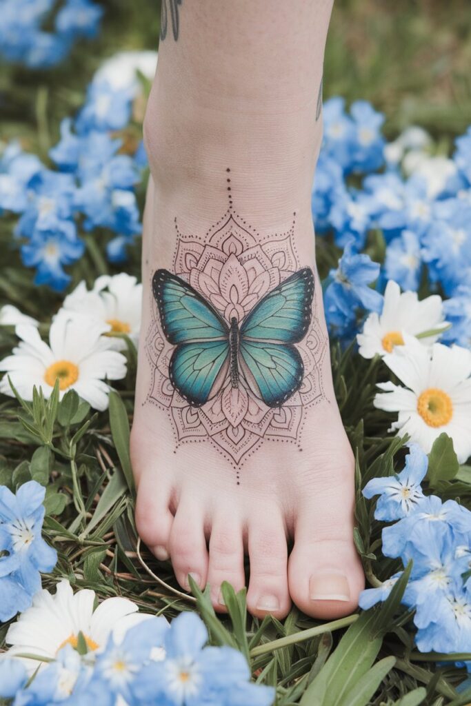 Vibrant Butterfly and Mandala Tattoo on the Foot