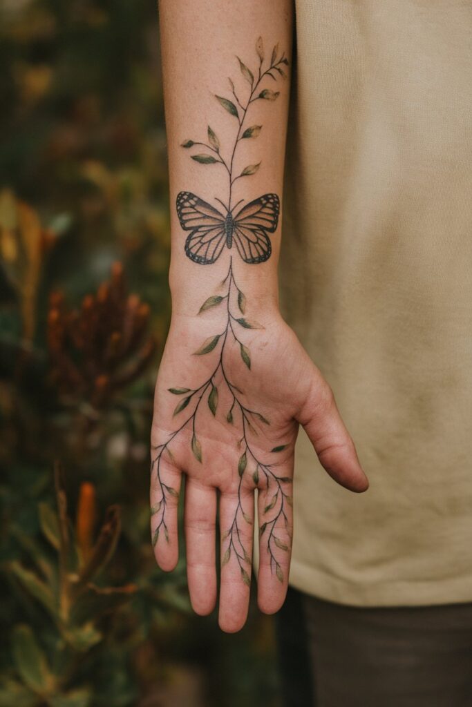 Botanical Butterfly Tattoo on the Forearm