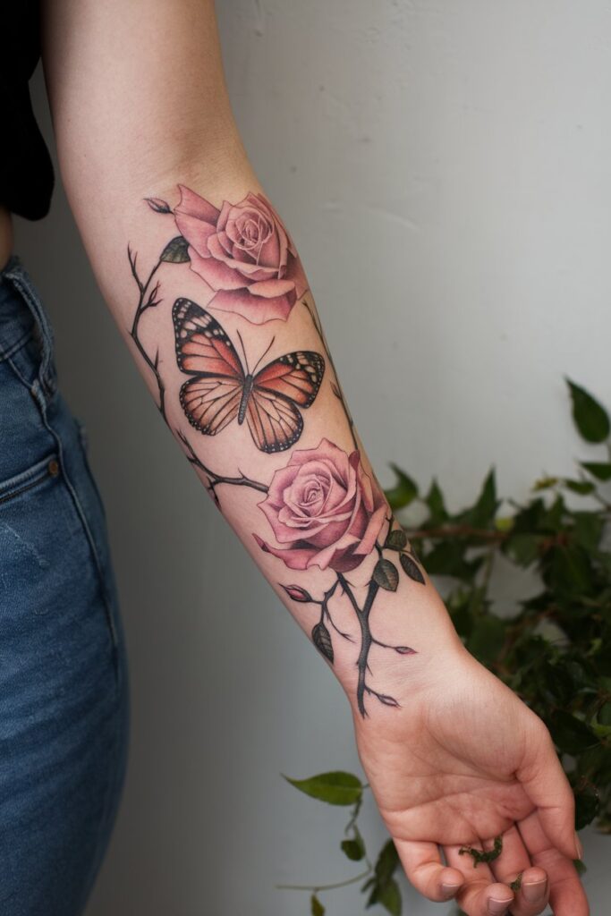  Butterfly and Roses Forearm Tattoo