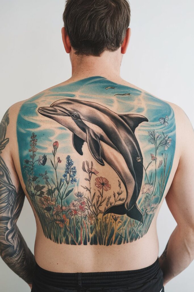 Majestic Dolphin with Wildflowers Backpiece