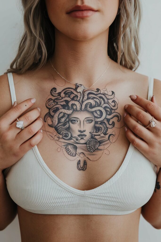 Medusa Chest Tattoo with Nautical Accents